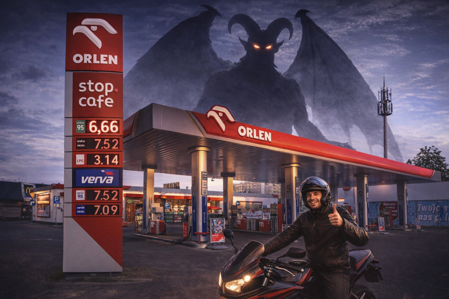 Aktualne ceny paliw 2026 na pylonie stacji benzynowej w Polsce, pokazujące limity cenowe dla benzyny 95 i diesla.