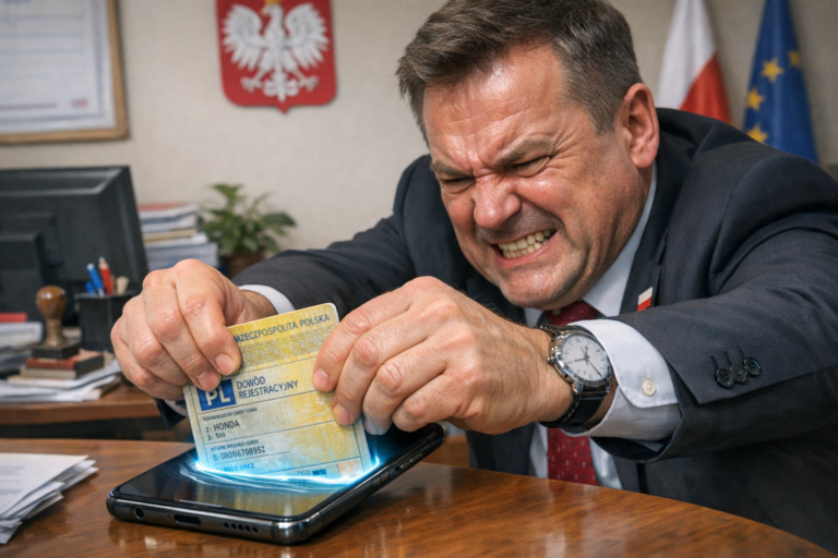 Cyfrowy dowód rejestracyjny wyświetlany na ekranie smartfona trzymanego przez motocyklistę obok nowoczesnego motocykla.