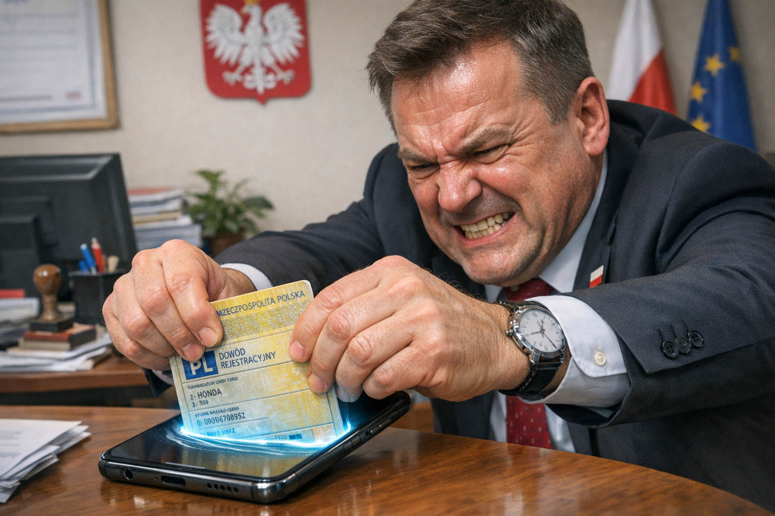 Cyfrowy dowód rejestracyjny wyświetlany na ekranie smartfona trzymanego przez motocyklistę obok nowoczesnego motocykla.