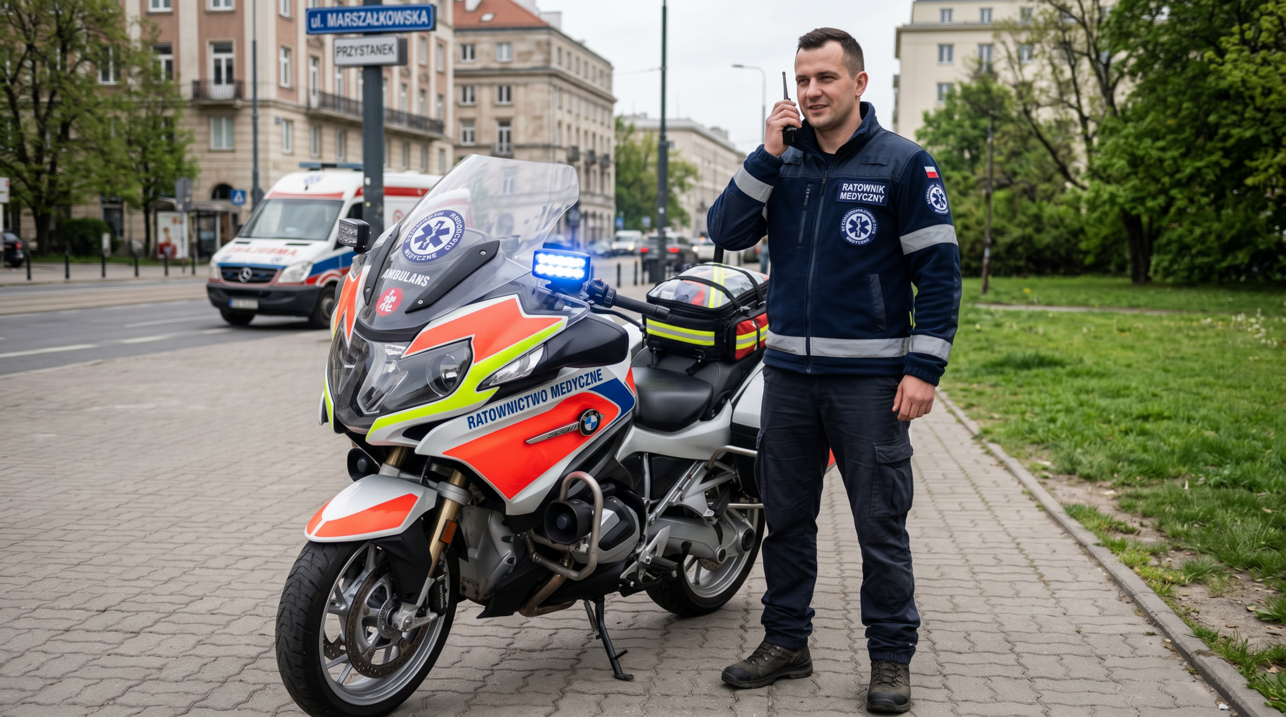 Nowoczesne wyposażenie motoambulansów 2026 widoczne w otwartych kufrach ratowniczego motocykla gotowego do akcji.