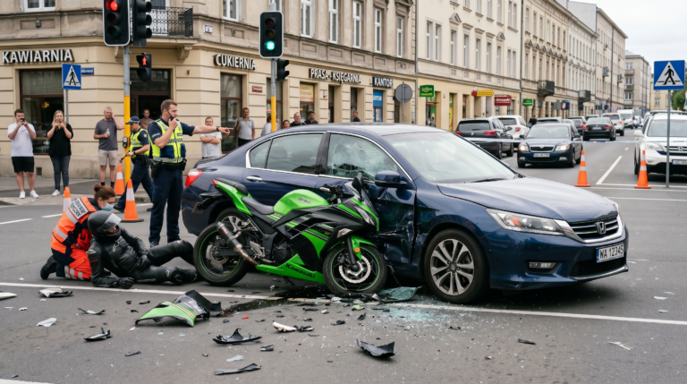 Statystyki policji prezentujące wypadki motocyklowe 2025 na tle mapy Polski, symbolizujące bezpieczeństwo na drogach.