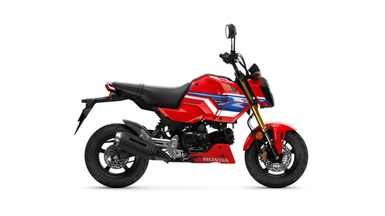 Nowa Honda MSX125 Grom 2026 w krwistoczerwonym malowaniu ze złotym widelcem zaparkowana na miejskim chodniku.