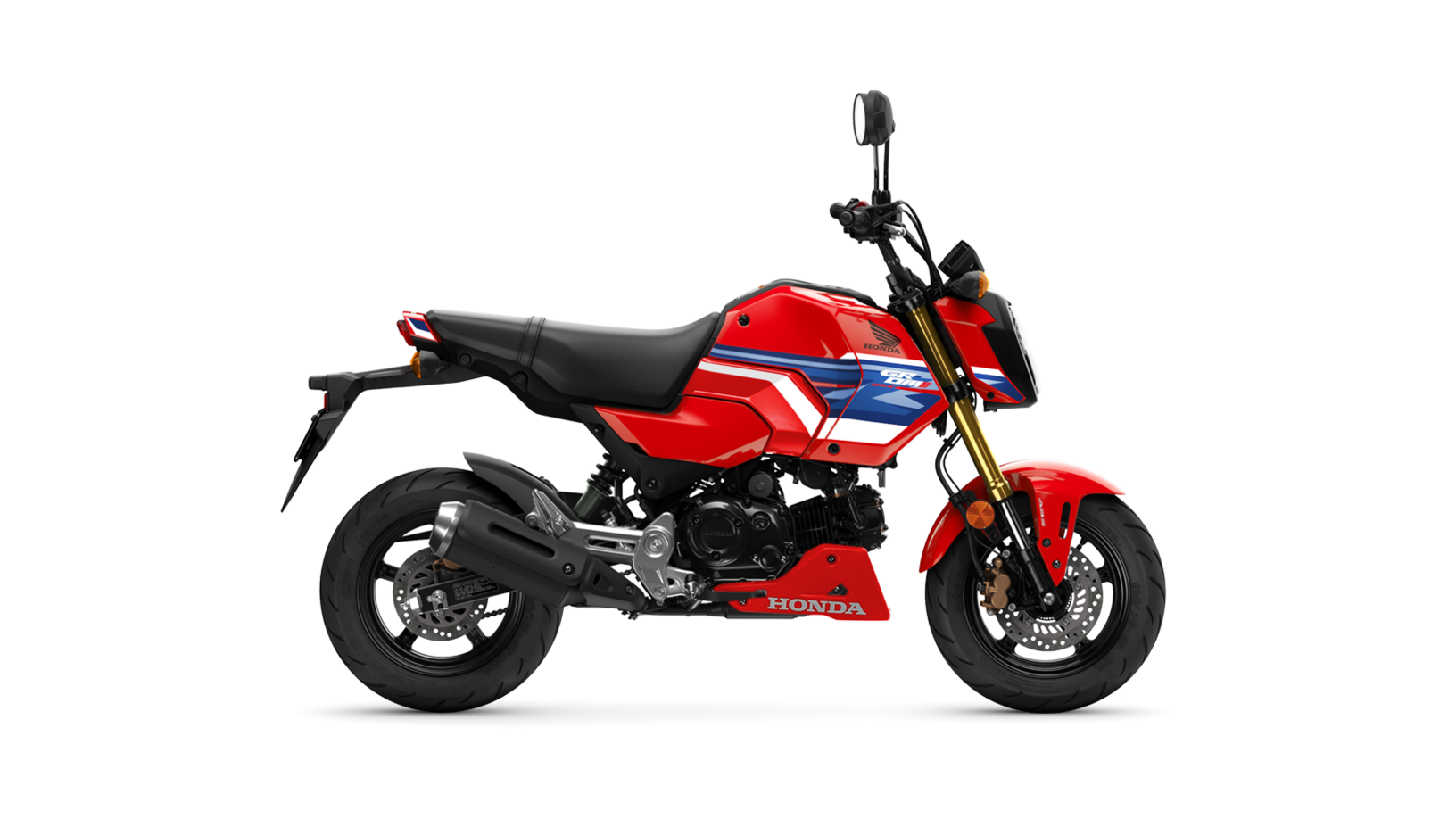 Nowa Honda MSX125 Grom 2026 w krwistoczerwonym malowaniu ze złotym widelcem zaparkowana na miejskim chodniku.