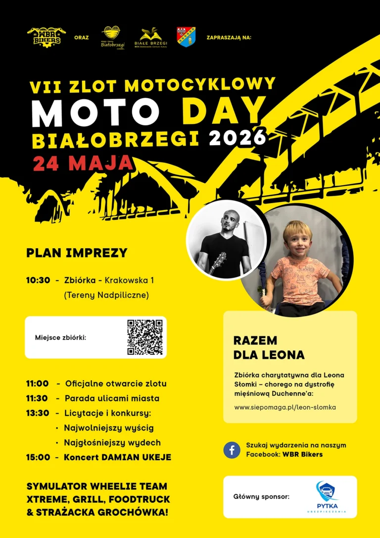 Tłumy motocyklistów podczas parady Moto Day Białobrzegi 2026 organizowanej przez WBR Bikers nad Pilicą.