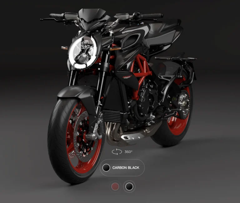 Ekskluzywna MV Agusta Brutale 800 Nero Carbonio w głębokiej czerni z czerwonymi felgami Rosso Ago na tle włoskiego wybrzeża.