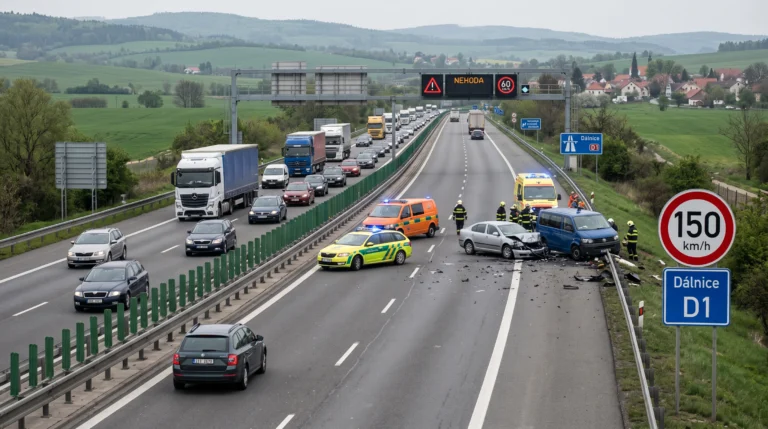 Tablica ograniczenia prędkości do 150 km/h na czeskiej autostradzie D3, symbolizująca eksperyment prędkościowy.