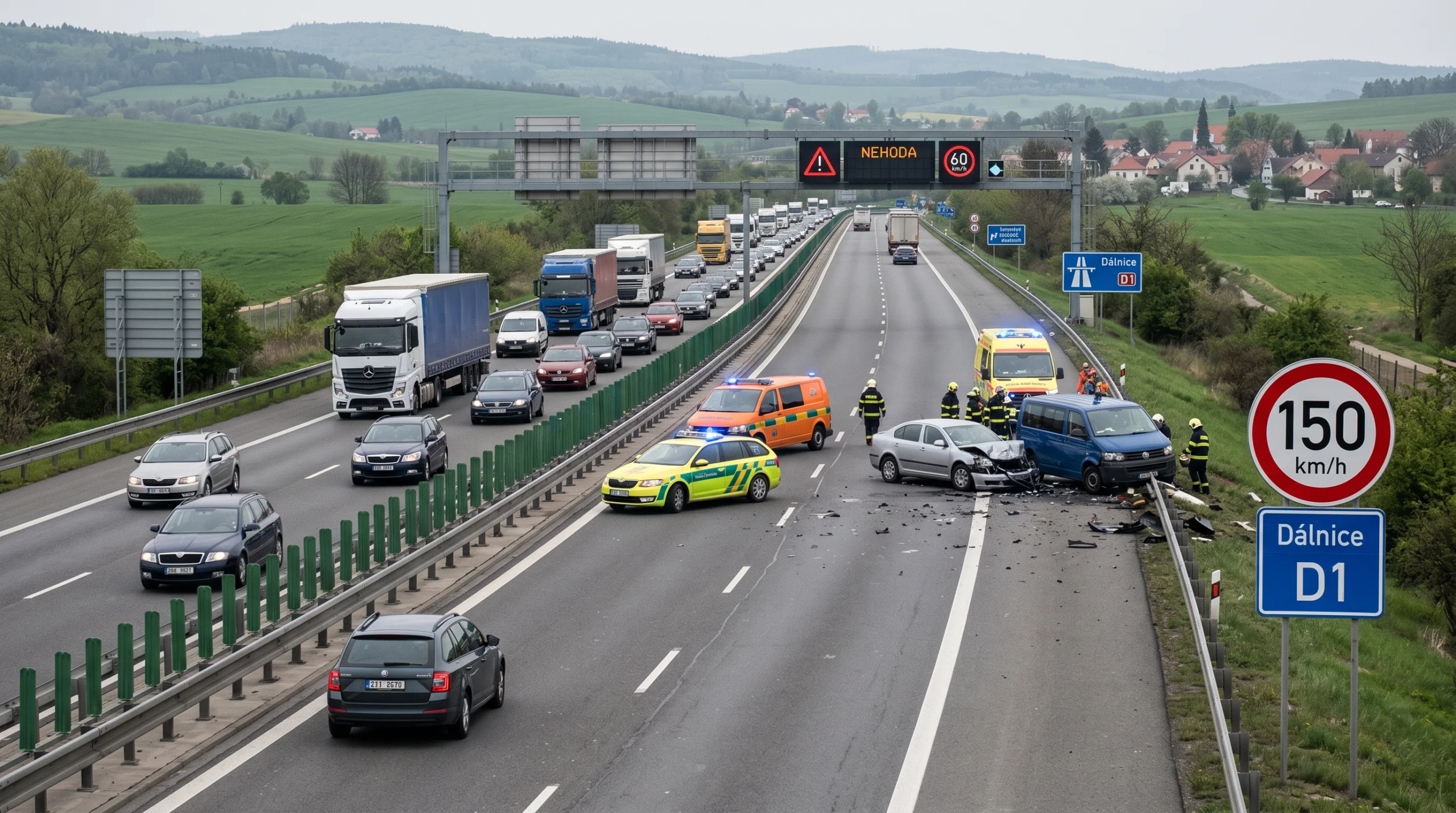 Tablica ograniczenia prędkości do 150 km/h na czeskiej autostradzie D3, symbolizująca eksperyment prędkościowy.