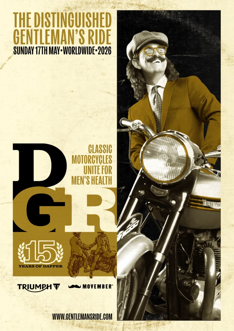Grupa elegancko ubranych motocyklistów na klasycznych maszynach podczas Distinguished Gentleman’s Ride 2026 w jednym z polskich miast.
