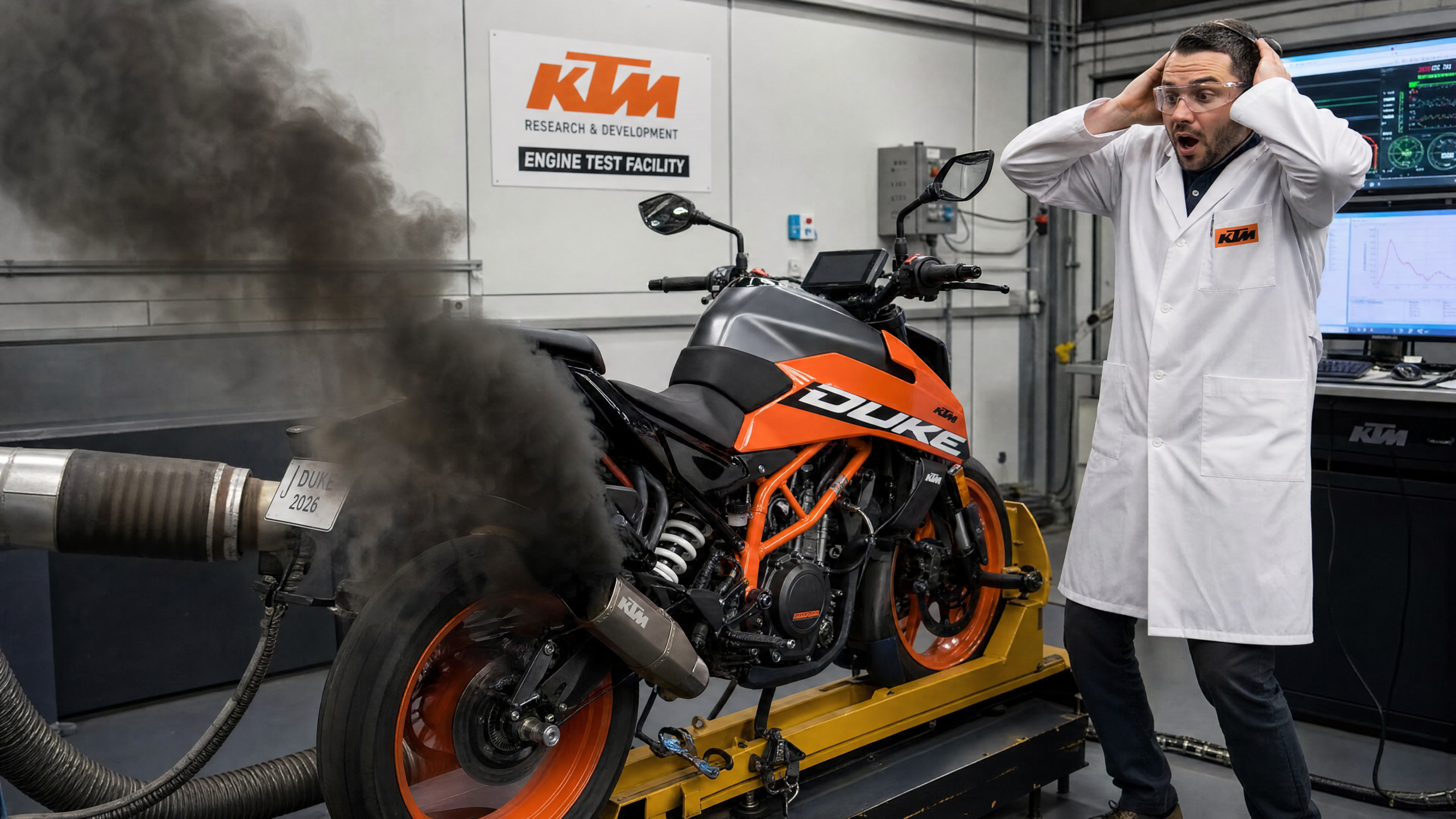 Ujawniona afera z emisjami spalin w KTM wstrząsnęła rynkiem, na zdjęciu motocykl KTM EXC 300 podczas testów emisji spalin.